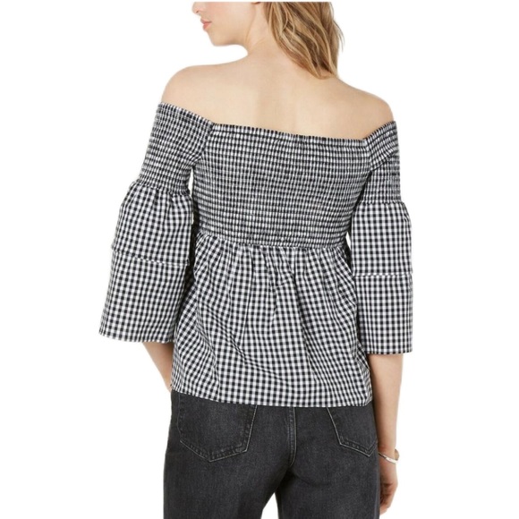 Bar III black and white gingham smocked blouse|off the shoulder - Picture 4 of 7